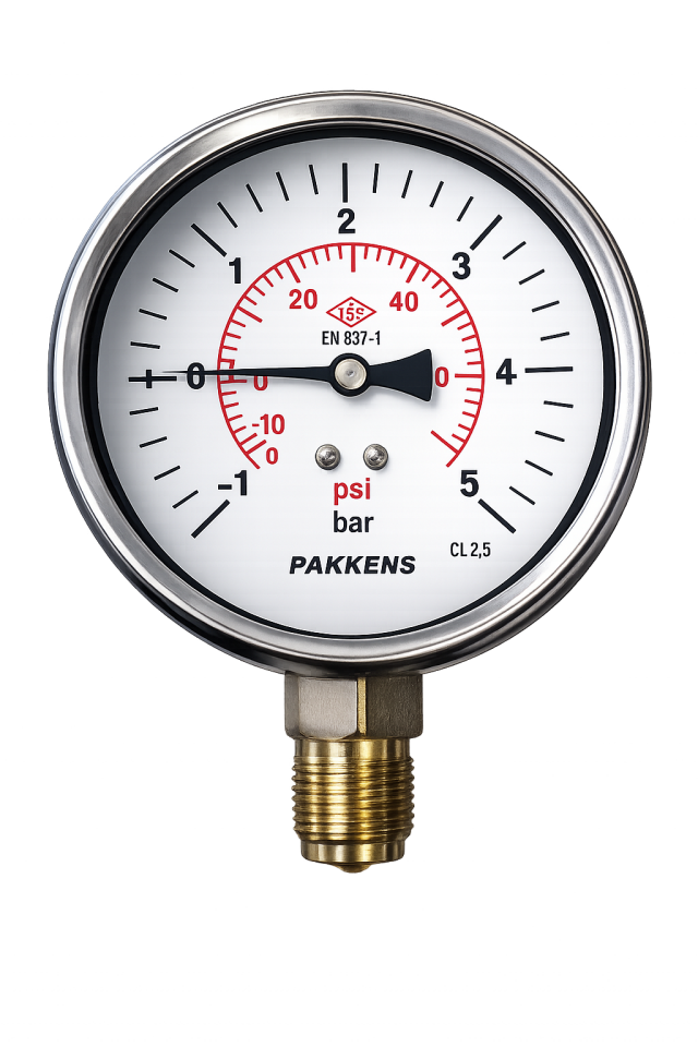 PAKKENS Bottom Connection Glycerin-Filled Vacuum Pressure Gauge Ø63 mm -1/+5 Bar 1/4