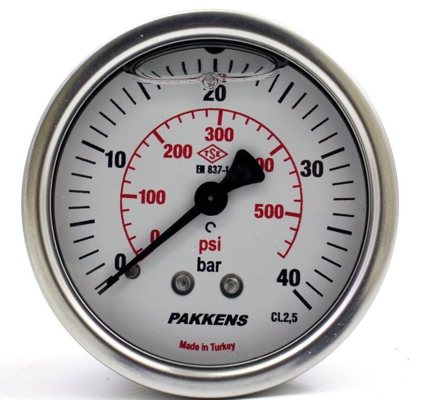 Pakkens Rear Connection Glycerin Filled Pressure Gauge Ø100 mm 40 Bar 1/2
