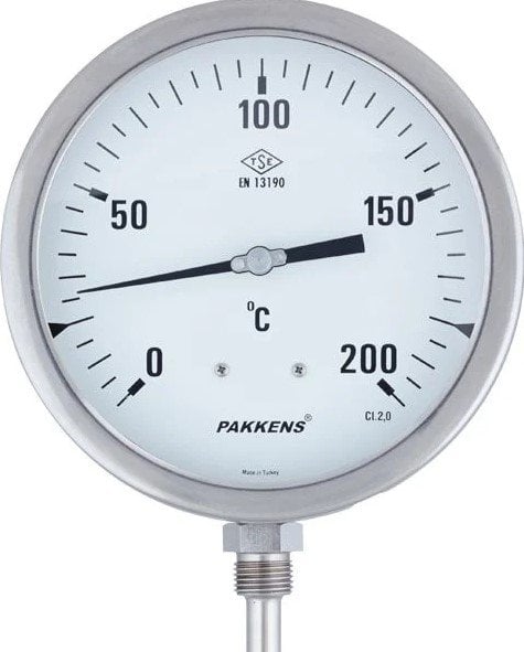 Pakkens Alt Bağlantılı Termometre Ø100mm 200°C 1/2'' 25cm CL 2,0